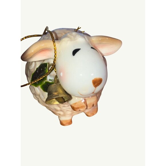 Handcrafted Ceramic Sheep Ornament With Golden Bell and Hanging Cord - Picture 2 of 10